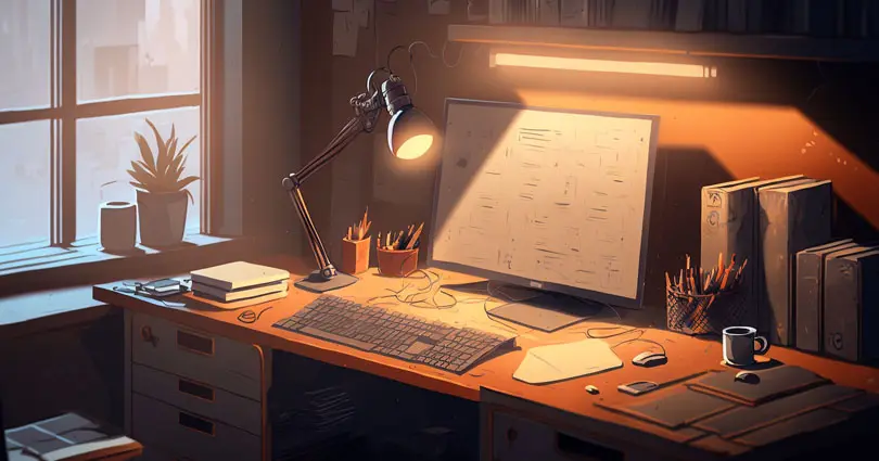 Link kısaltarak para kazanma, masa lambasının aydınlattığı çalışma masası, çizim