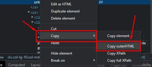 Copy > Copy outerHTML adımlarını izleyin